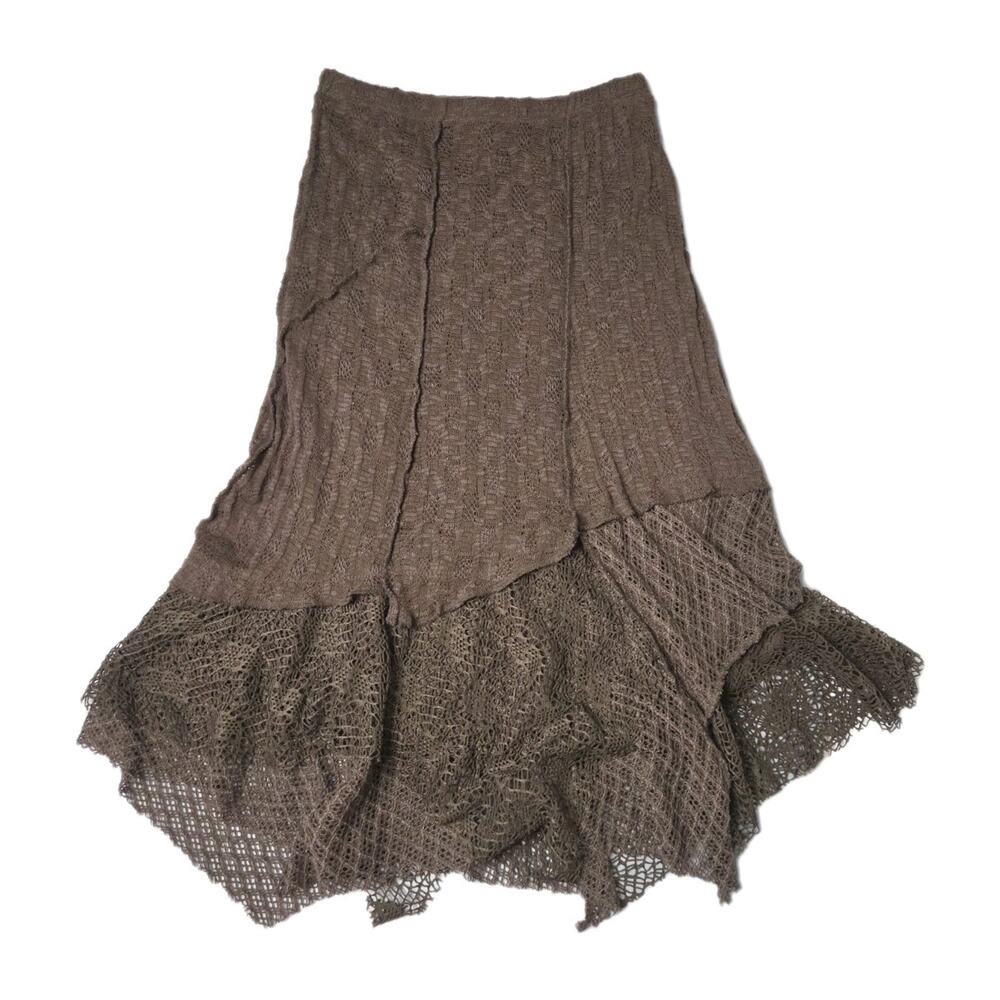 Pretty Angel Brown Linen Blend Crochet Lace Midi Skirt Boho Fairycore M